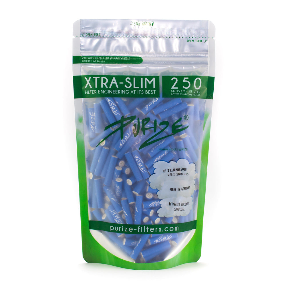 Xtra Slim Filter Tips Bags With Activated Charcoal By Purize X250 250Pcs Blue