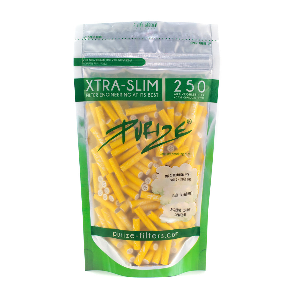 Xtra Slim Filter Tips Bags With Activated Charcoal By Purize X250 250Pcs Yellow